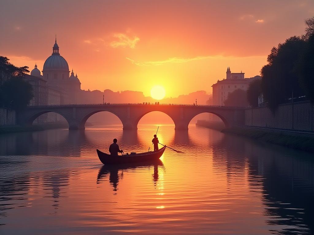 Pescatore sul Tevere a Roma al tramonto